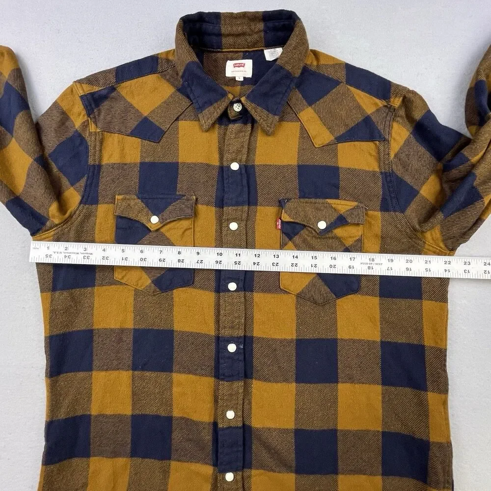 Levis Flannel Shirt Men Large Brown Blue Plaid Western Pearl Snap Rodeo Cowboy